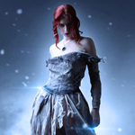 Create a Lady Standing in a Nicely Snowing Scene