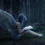 Create an Angel sitting in a Night Forest Scene