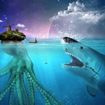 Create a Fisherman Hunting a Shark Scene